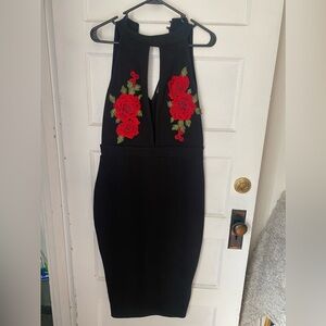 Embroidered Rose Body-con Midi Dress